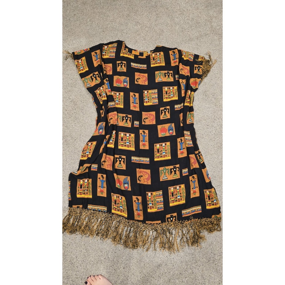 Oversized Caftan Dashiki Tunic Dress OSFA Black Southwest Kokopelli Fringe